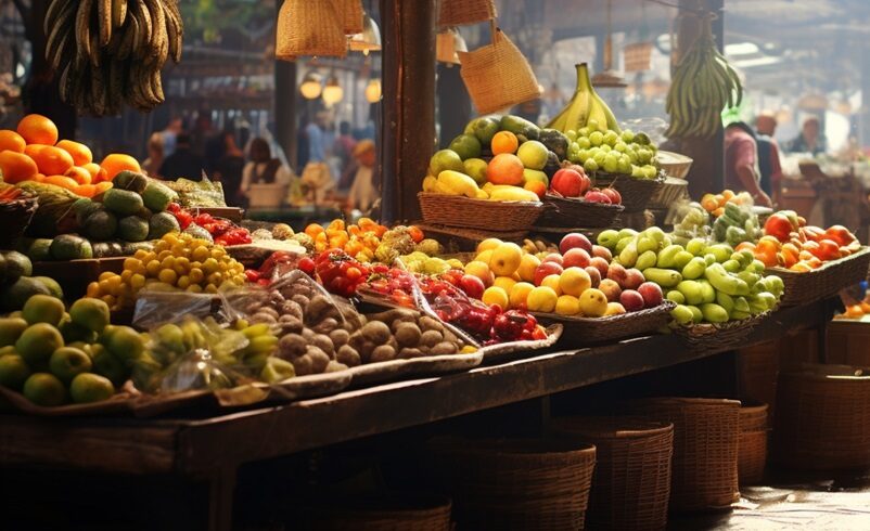 A fruit market with stalls and customers